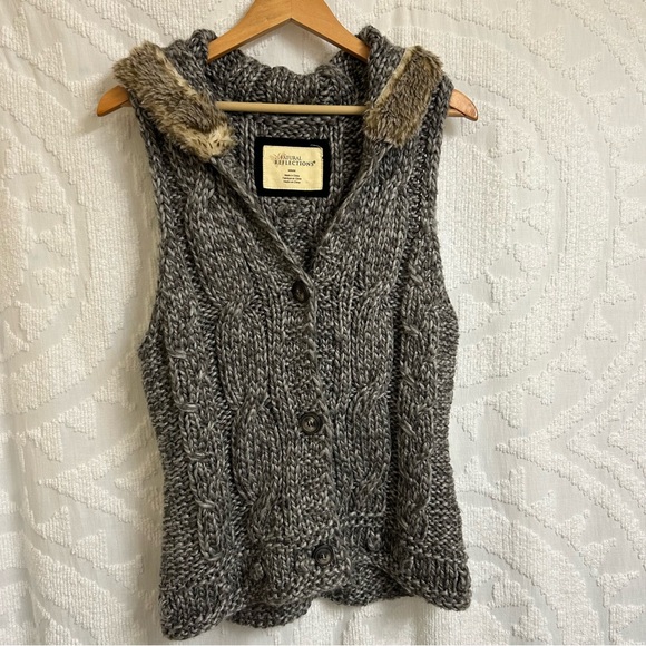 Natural Reflections Cable Knit Button Front Sweater Vest, Faux Fur Lined Hood - Picture 2 of 5